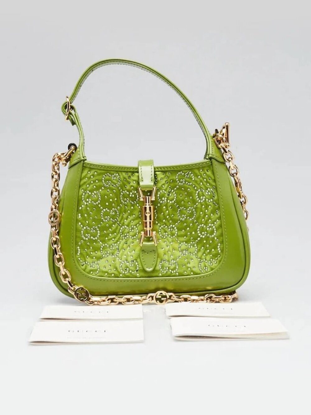 Gucci Green Leather/Canvas Crystal GG Jackie 1961 Mini Bag - Picture 11 of 11
